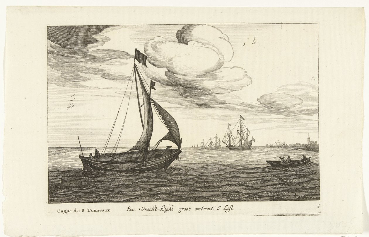 Vrachtkagen Een Vracht-kaghe groot cerca de 6 Last / Cague de 6 Tonneaux (título no objeto) Hollandse scheepstypen, 1627 (título da série) Vários navios Don ton se sert dans les Unies Províncias / Ícones de vários navios holandeses cujo uso é principalment de Robert de Baudous (possibly)