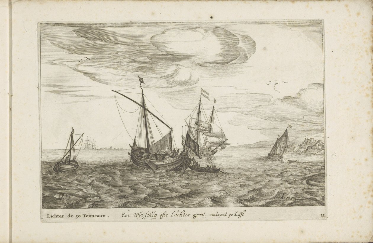 Navio ou isqueiro
Een Wyt-schip ofte Lichter groot omtrent 30 Last / Lichter de 30 Tonneaux (título sobre o objecto)
Diversas navires dont on se sert dans les Provinces Unies / Icones variarum navium Hollandicarum quarum usus maximè in aquis interioribus de Robert de Baudous (possibly)