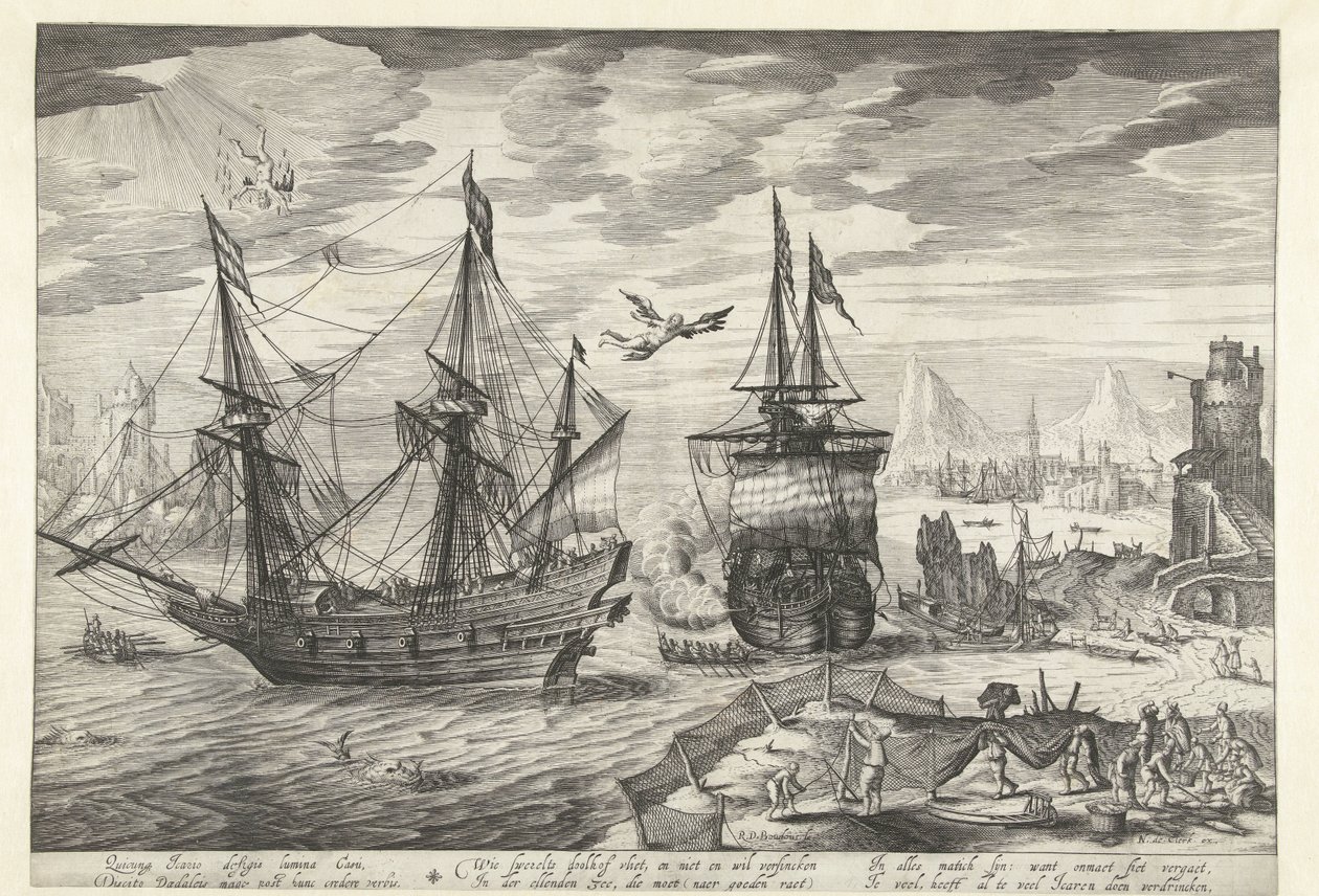 Porto com navios, no céu a queda de Ícaro de Robert de Baudous