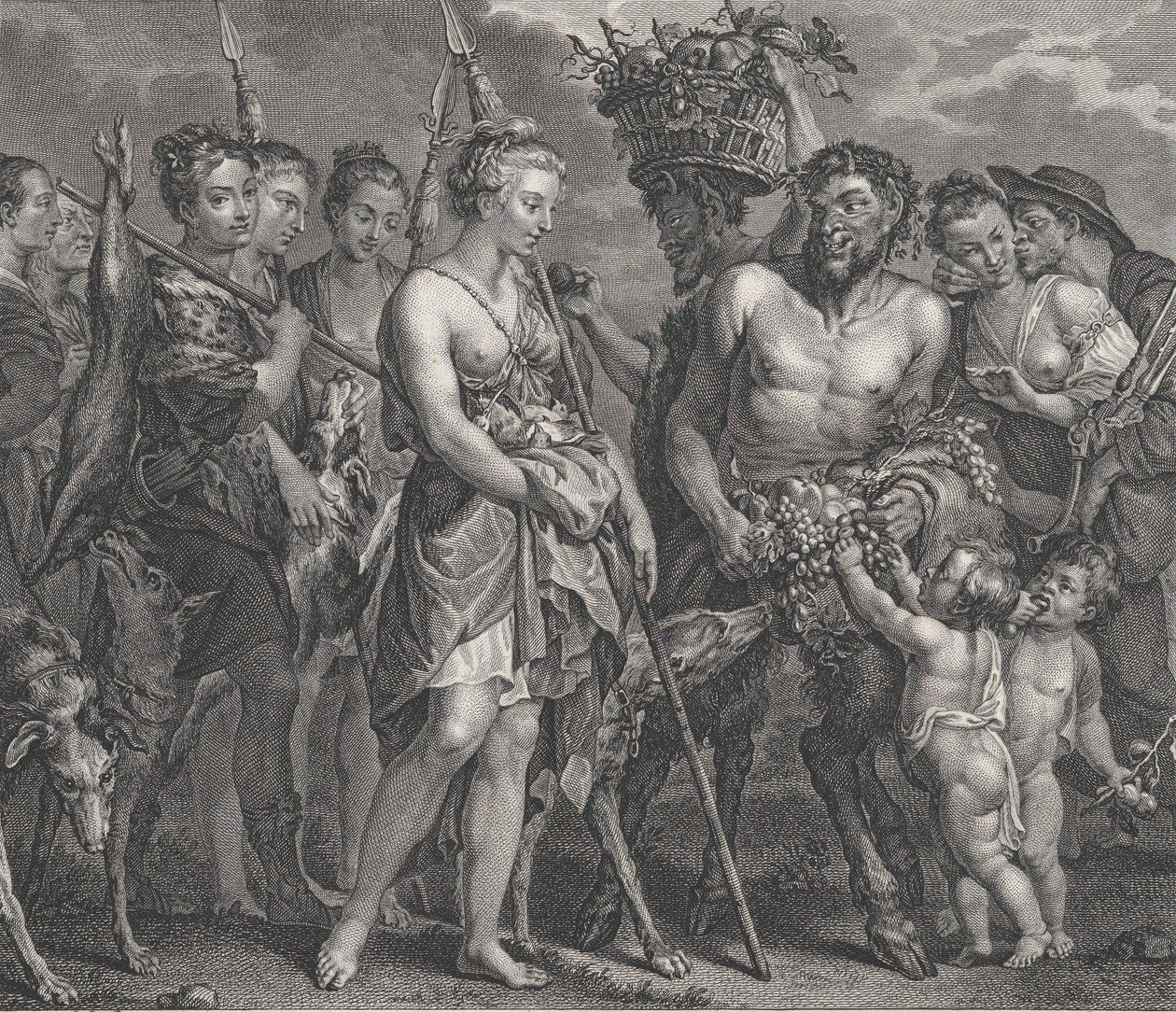 Diana voltando da perseguição, acompanhada de cães e suas ninfas à esquerda, dois sátiros..., ca. 1808 de Robert de Launay