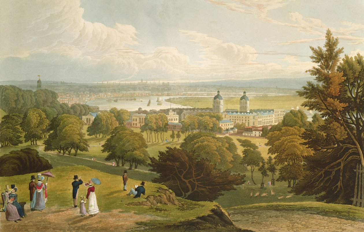 Uma vista de Londres tomada do parque de Greenwich, bar. 1820 por Colnaghi und Co. (aquatint) de Robert the Elder and Younger Havell