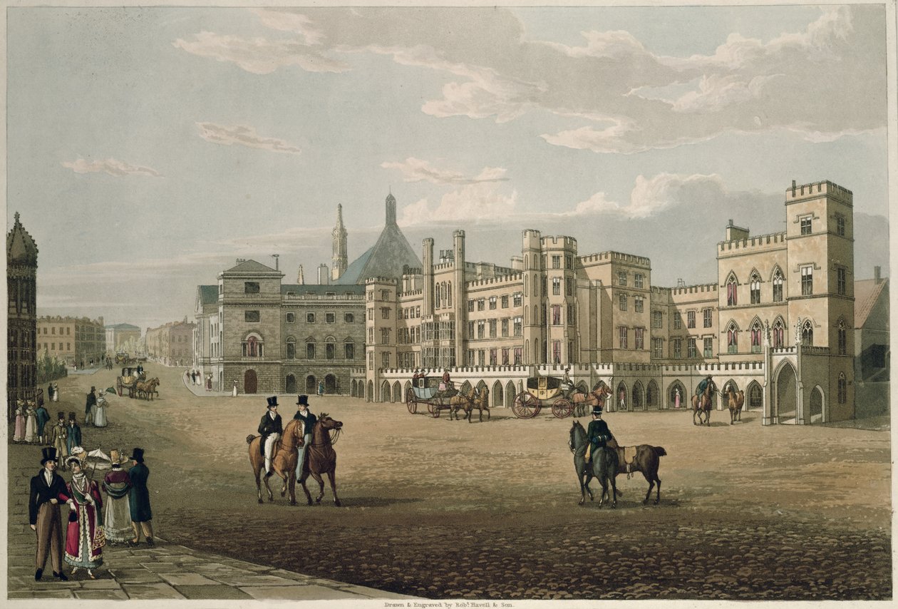 Vista da Câmara dos Lordes e das terras comuns, da jarda velha do palácio, bar. 1821 por Colnaghi und Co. (aquatint) de Robert the Elder and Younger Havell
