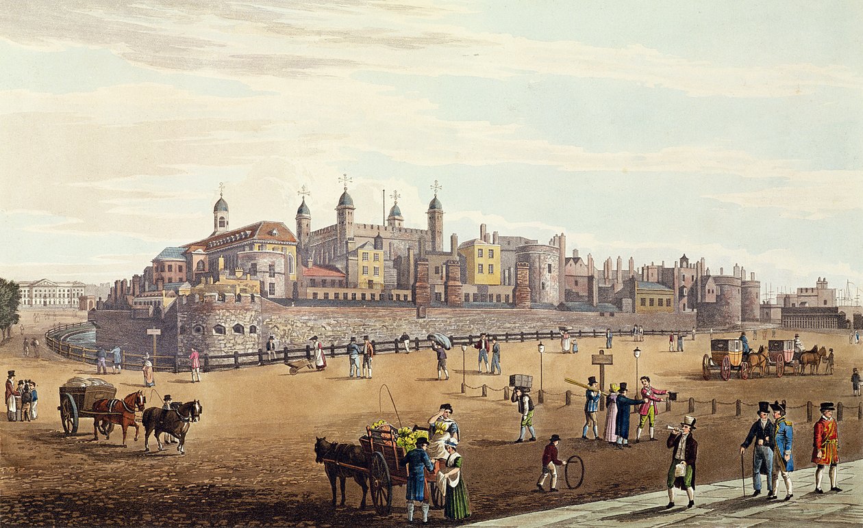 Vista da torre de Londres e da hortelã, bar. por Colnaghi und Co, 1821 (colorido colorido) de Robert the Elder and Younger Havell