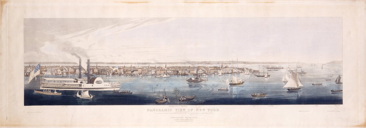 Vista panoramic, de, nova iorque, levado, de, a, norte, [Hudson], rio, 1844, (hand-colored, etching, e, aquatint, quinta, state) de Robert the Younger Havell