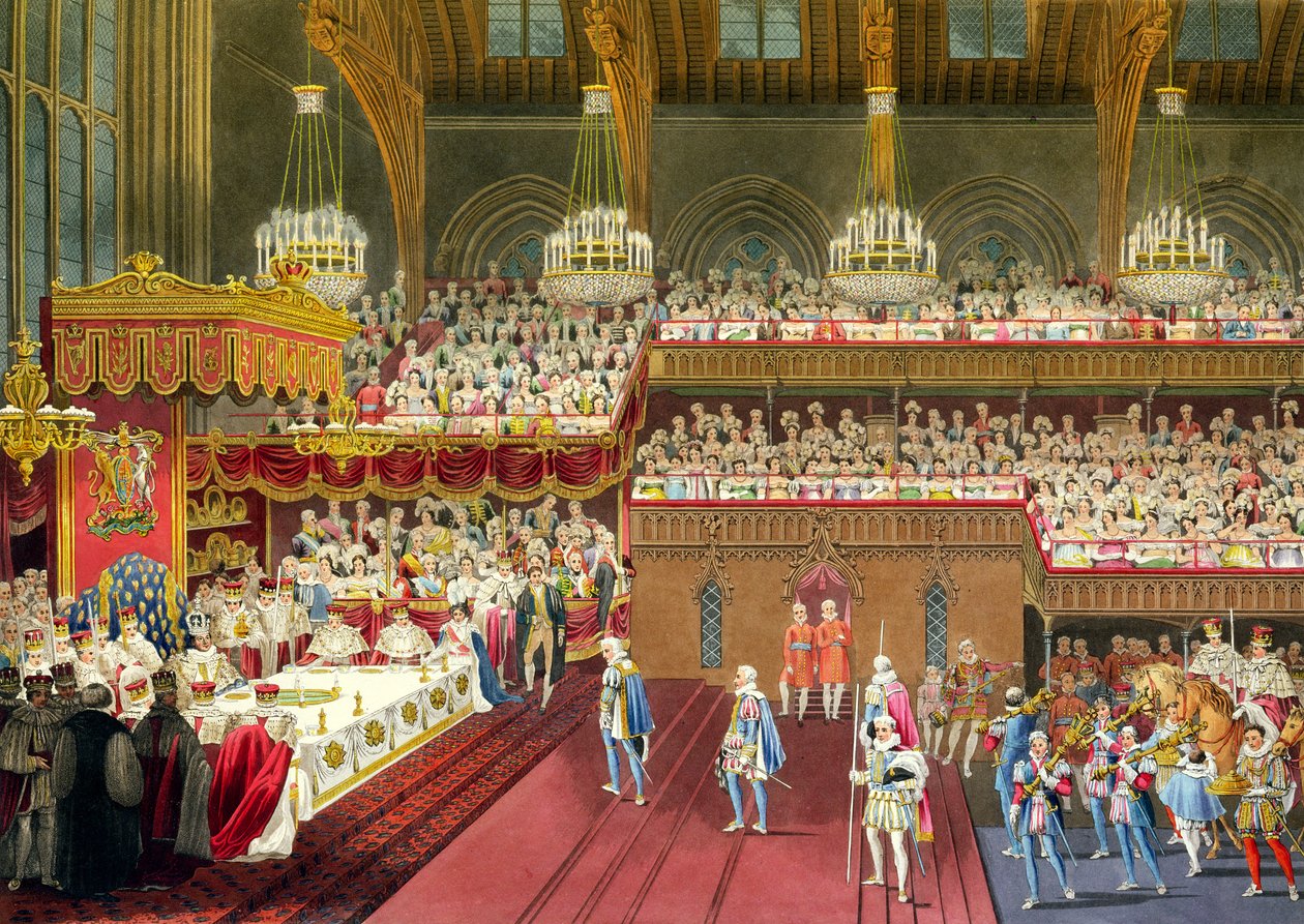 The Royal Banquet, A apresentação do primeiro Curso, 19 de julho de 1821 (aquatint) de Robert the Younger Havell