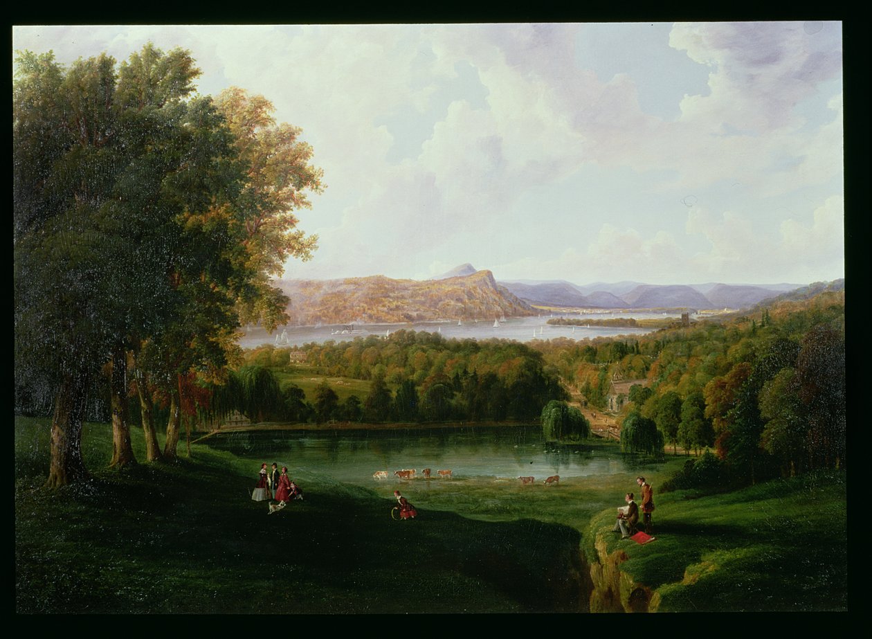 Vista, de, a, Tarrytown, de, a, rio velho, holandês, igreja, e, beckham, solar, 1866 de Robert the Younger Havell