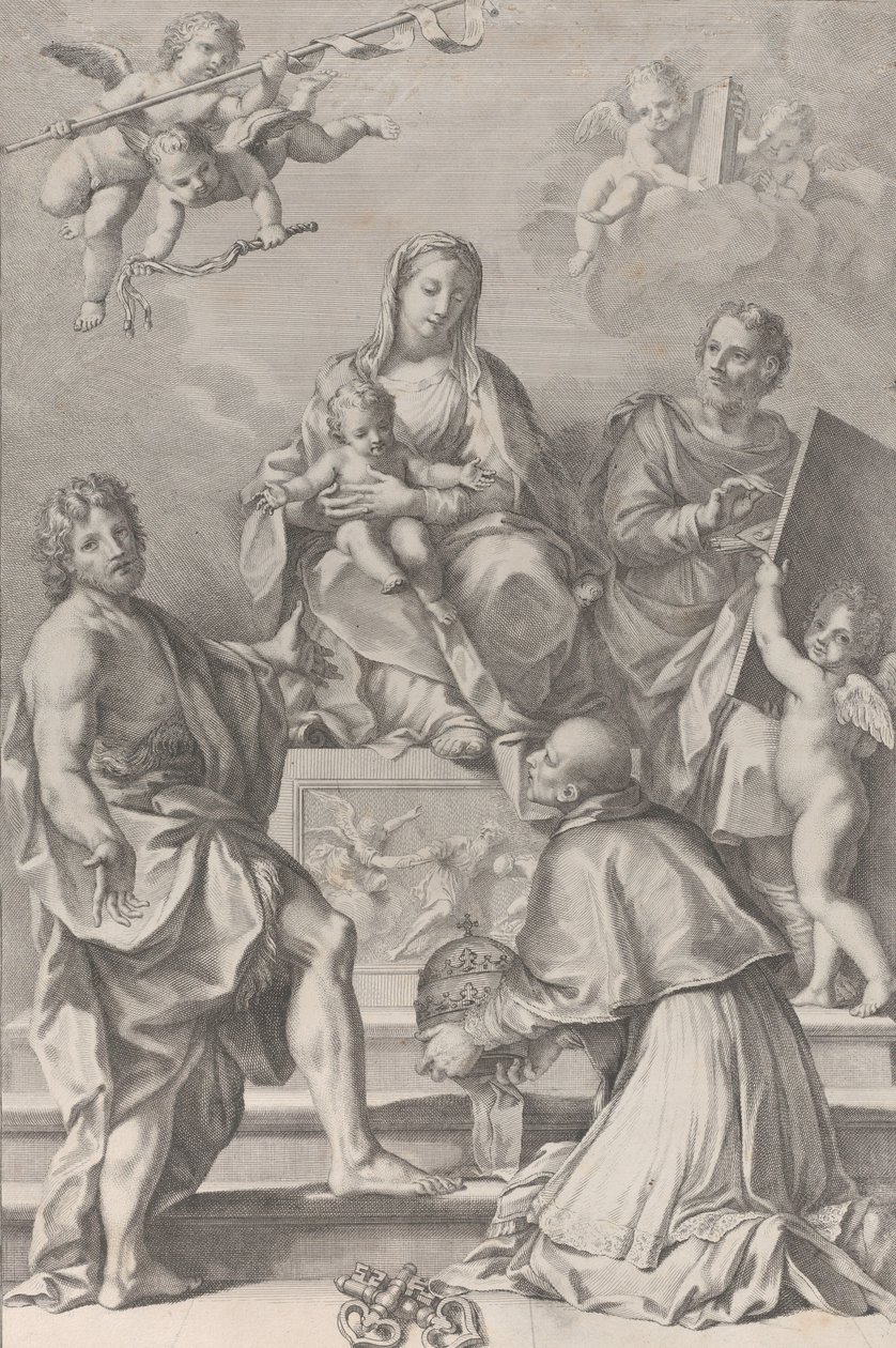 Madonna e Criança no centro com São João Batista, São Lucas, Papa Pedro Celestini,..., 1694. de Robert van Audenaerde