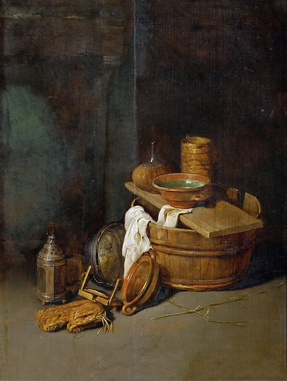 Nature morte avec des ustensiles de cuisine - Natureza morta com utensílios domésticos, de Hoecke, Robert van den (1622-1668). Óleo sobre madeira de Robert van den Hoecke