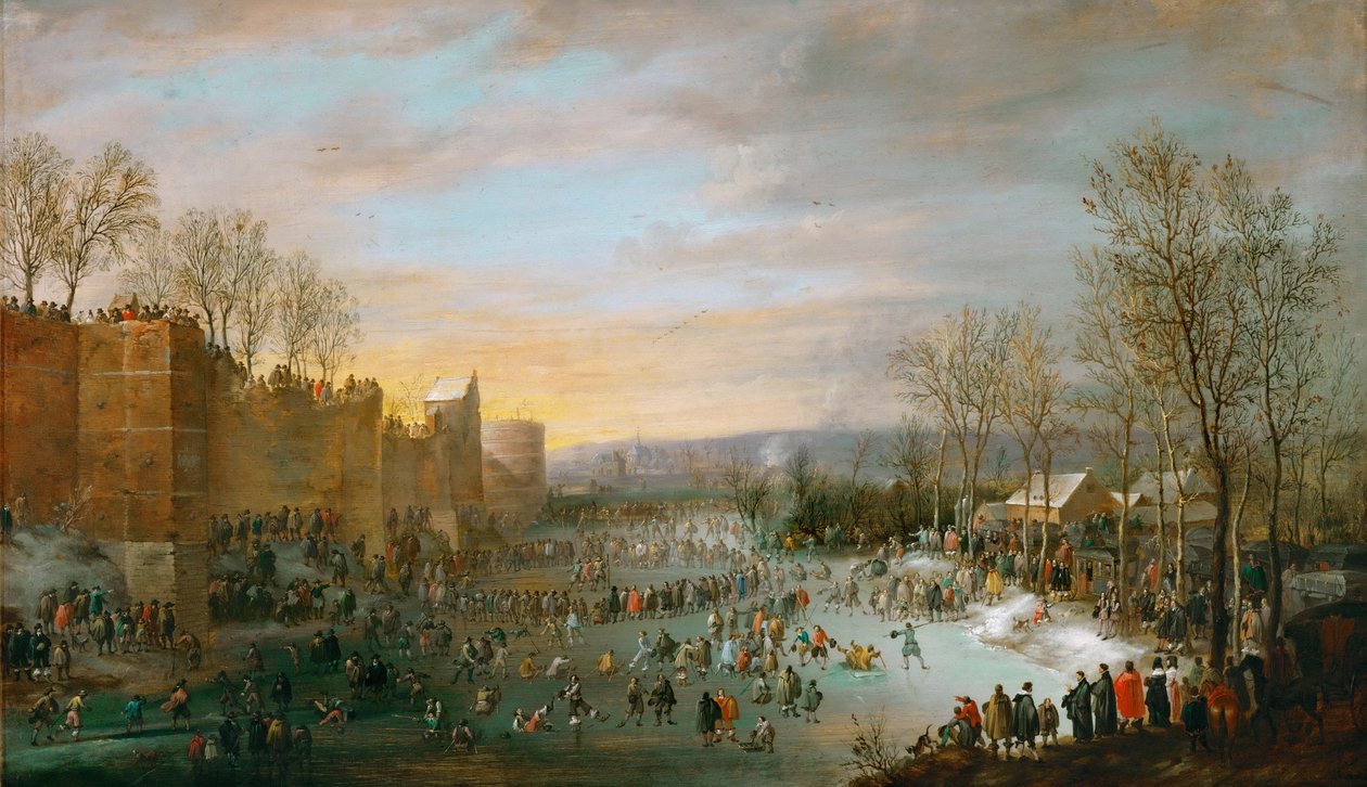 Patinage sur les douves gelees de Bruxelles - Patinação na cidade de Bruxelas, por Hoecke, Robert van den (1622-1668). Óleo sobre madeira de Robert van den Hoecke
