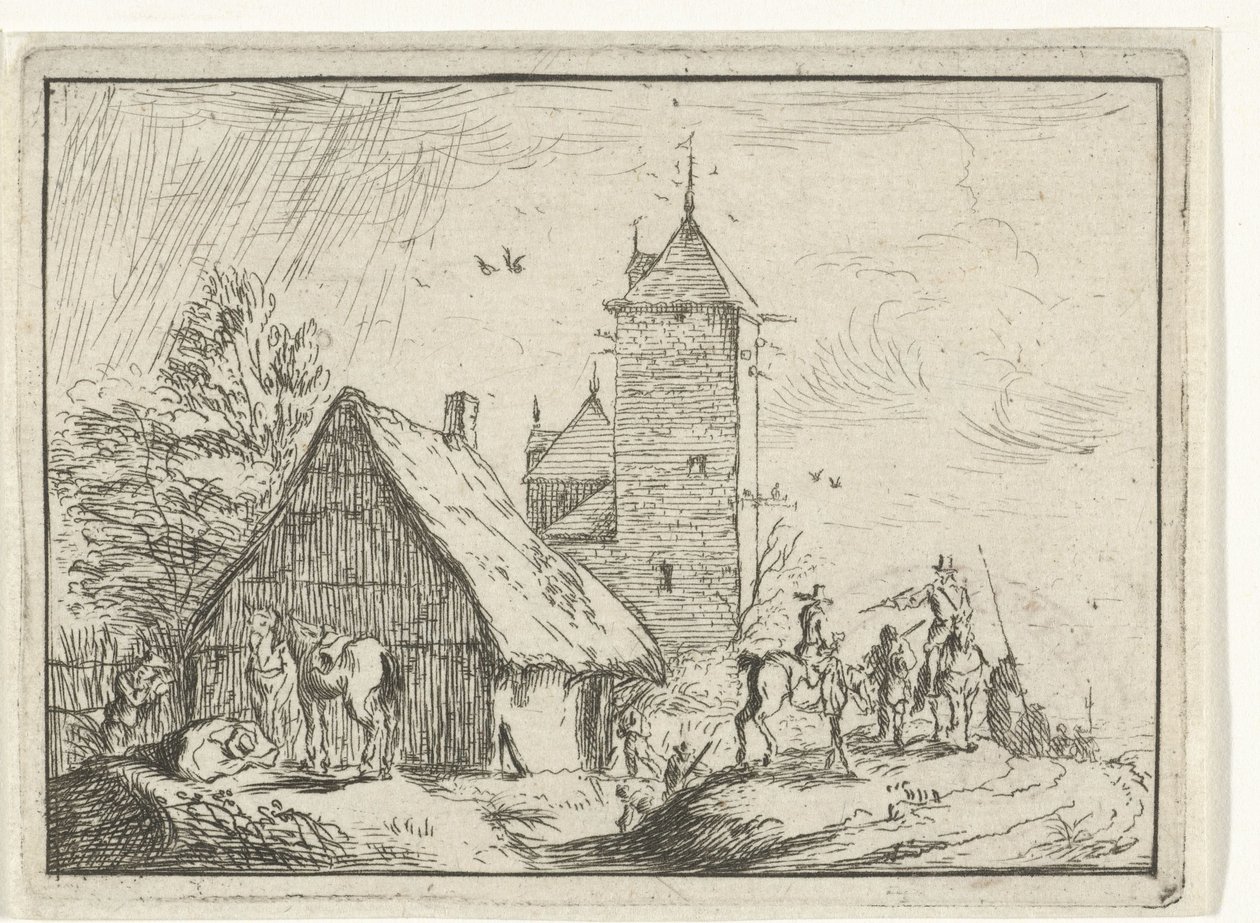 Cavaleiros perto de uma torre
Paisagens com acampamentos (título da série) de Robert van den Hoecke