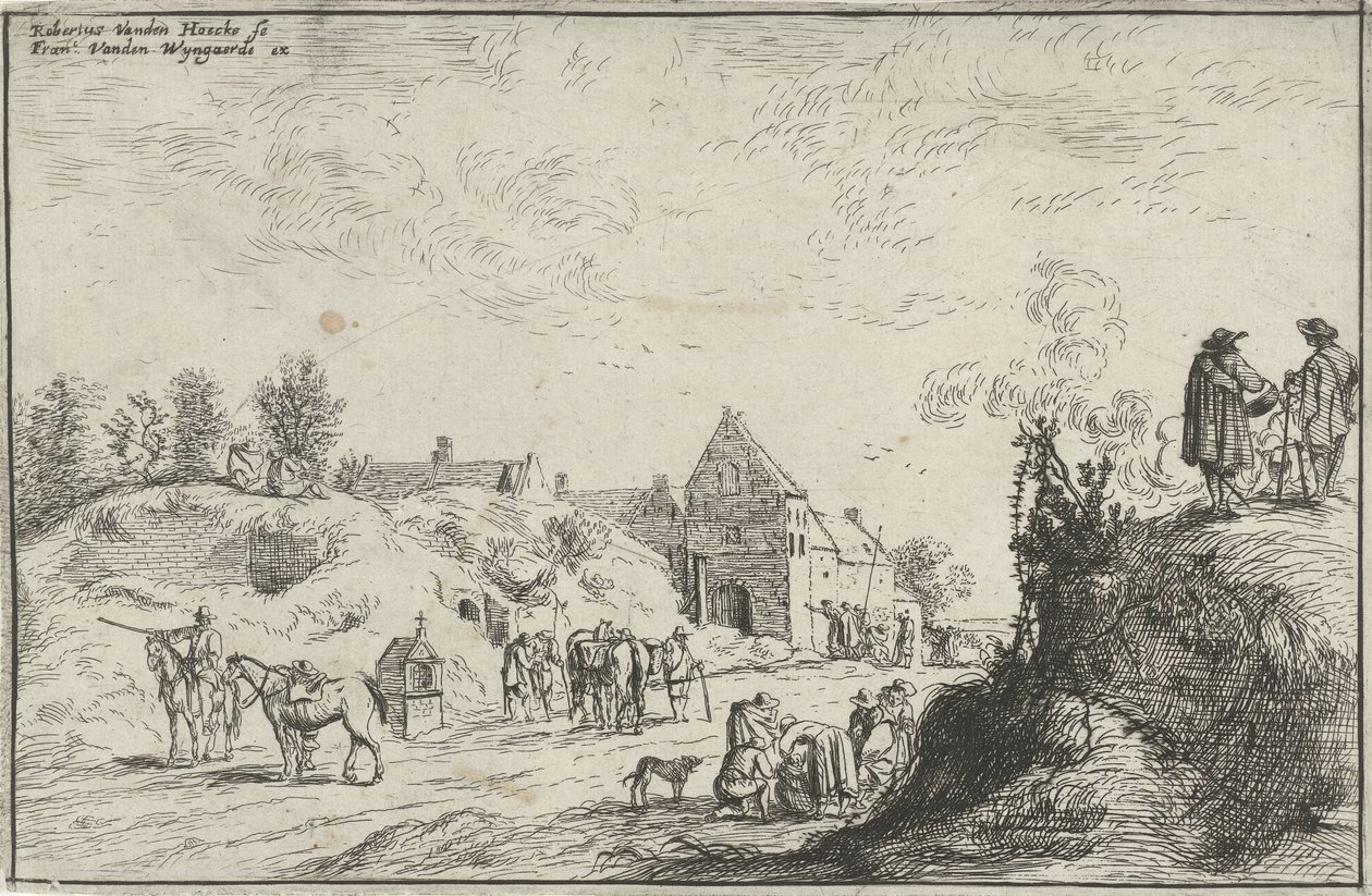 Muitas figuras em um caminho perto de uma vila de Robert van den Hoecke