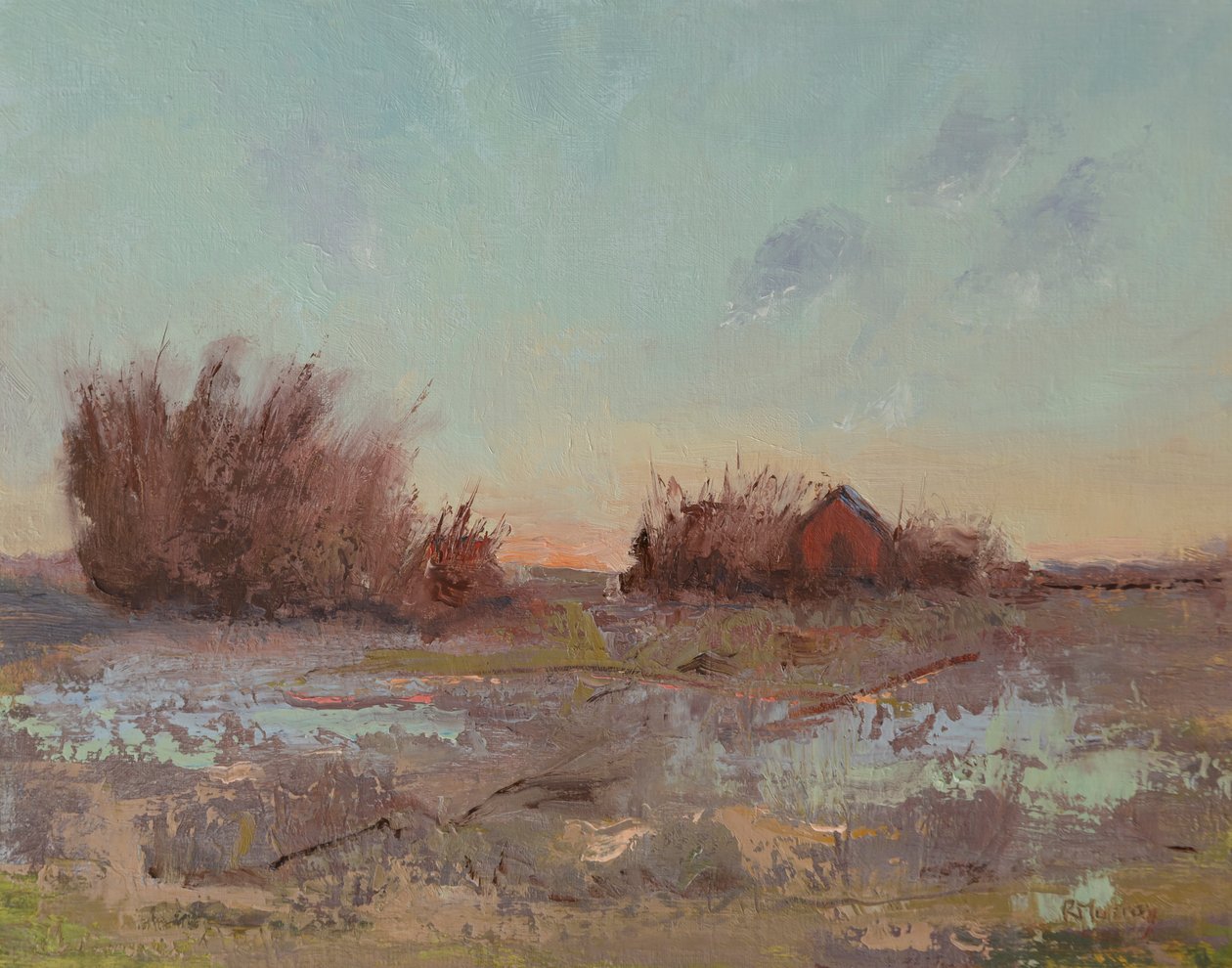 Granaries By The Slough, 2023 (óleo sobre painel de linho) de Roberta Murray
