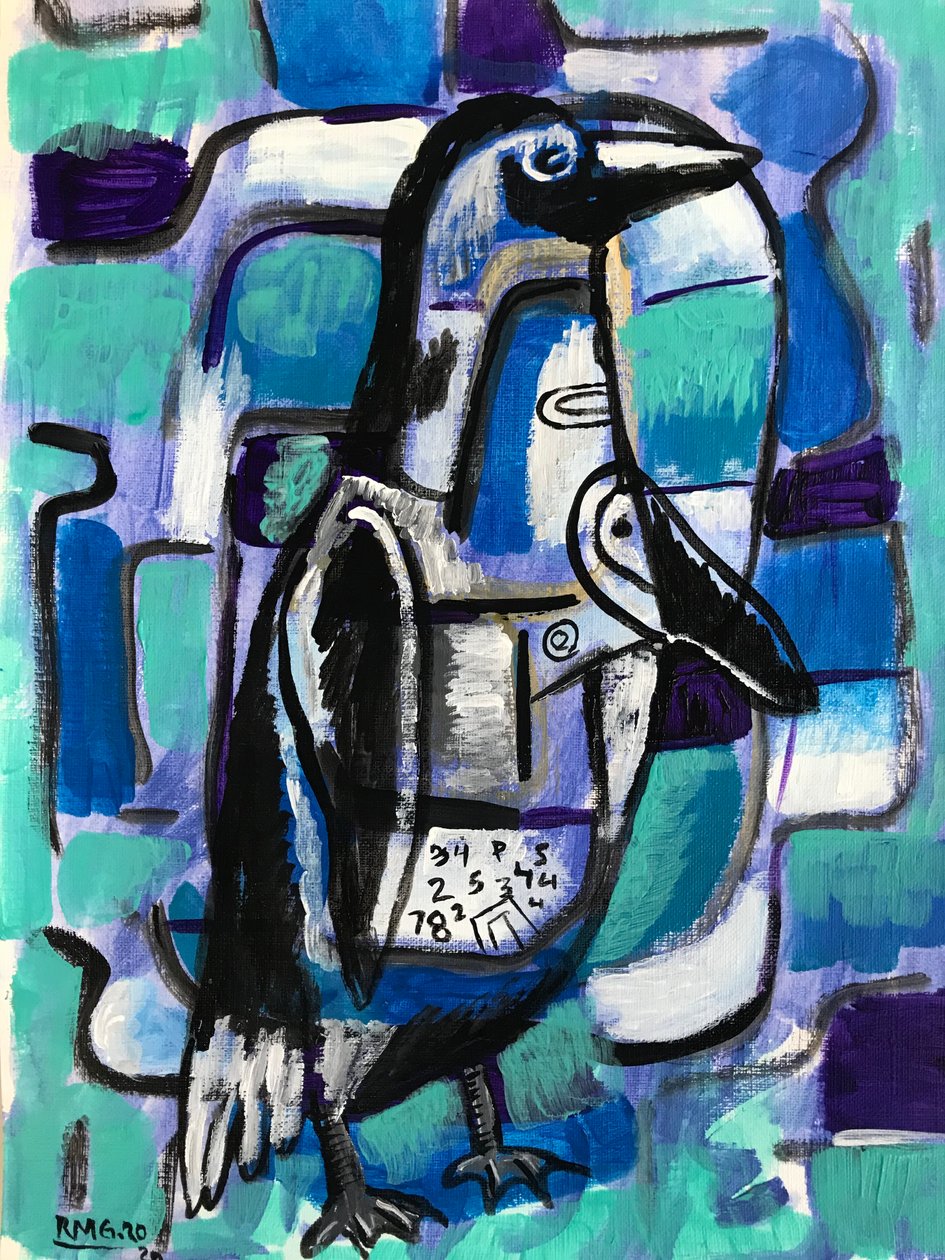 Pinguim congelado, c.2020 (acrílico sobre papel) de Roberto Munguia