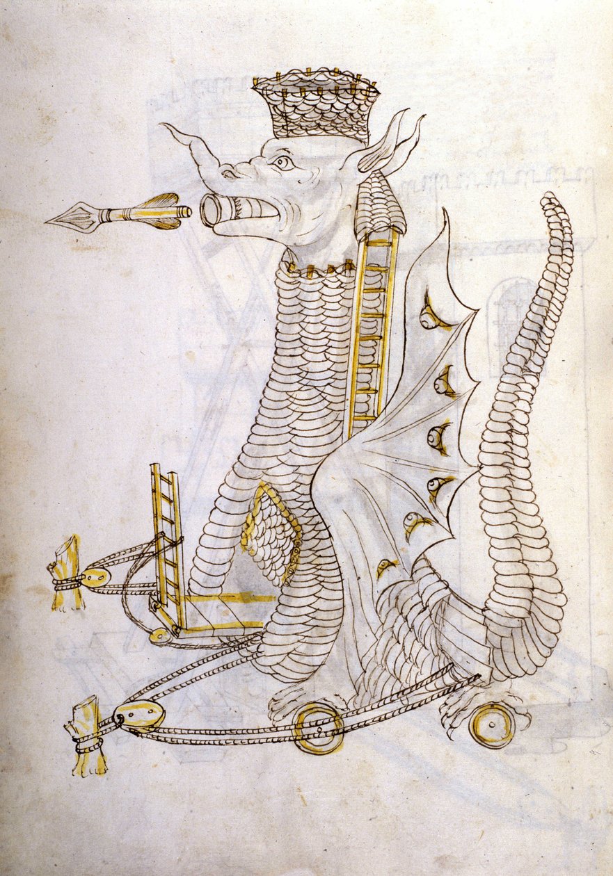 Arabica machina. Ilustração de uma máquina de guerra árabe na forma de um dragão com setas gigantes saindo de sua boca. In 