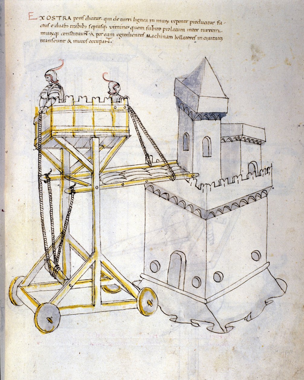 Arte da guerra: estudo sobre máquinas militares. torre de assalto usada para sitiar torres, ilustração retirada de 