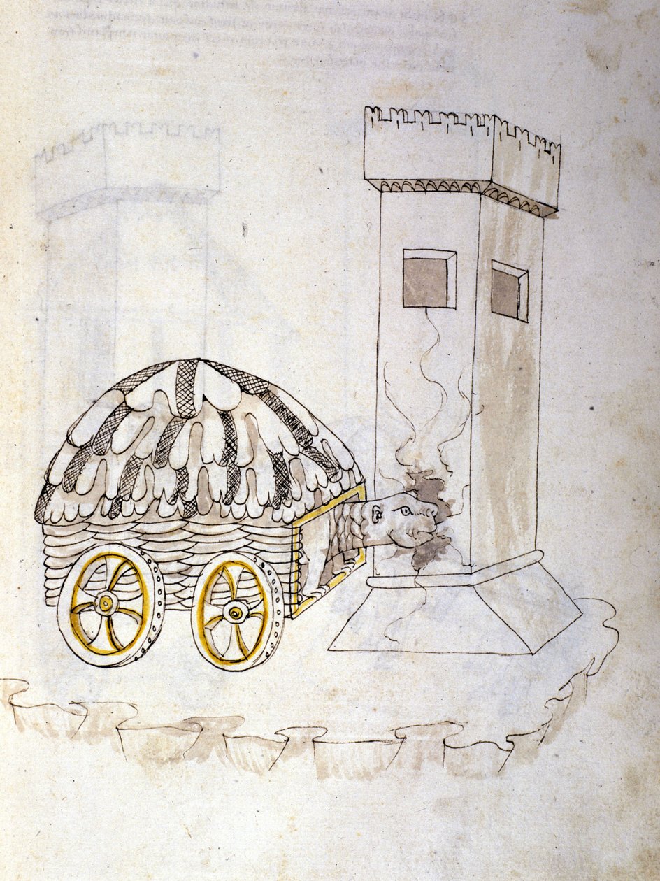 Arte da guerra: estudo sobre máquinas militares. uma máquina equipada com uma carapaça que invade uma torre, ilustração de 