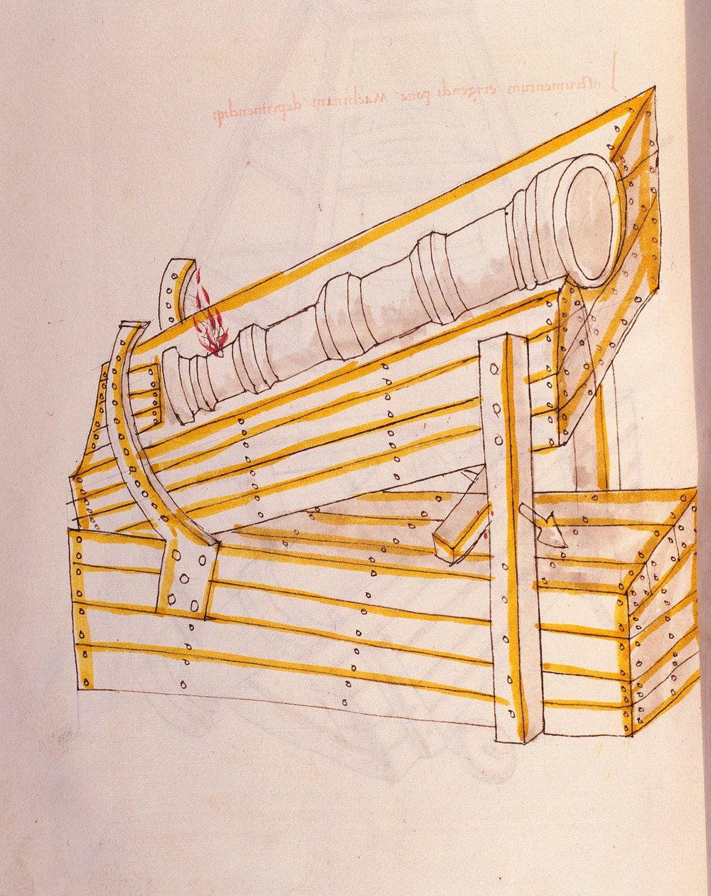 Arte da guerra: estudo sobre maquinaria militar. Canon posa no seu relógio, com um sistema para o levantar, ilustração de 