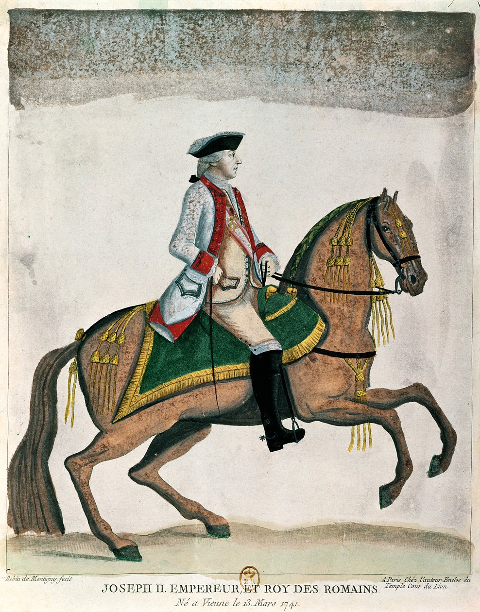 Retrato equestre do imperador José II (1741-90) c.1785 (gravura a cores) de Robin de Montigny
