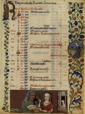 Ms lat 1173 f.5 setembro; duas figuras com frutas, das Horas de Charles dAngouleme, c.1480 de Robinet Testard