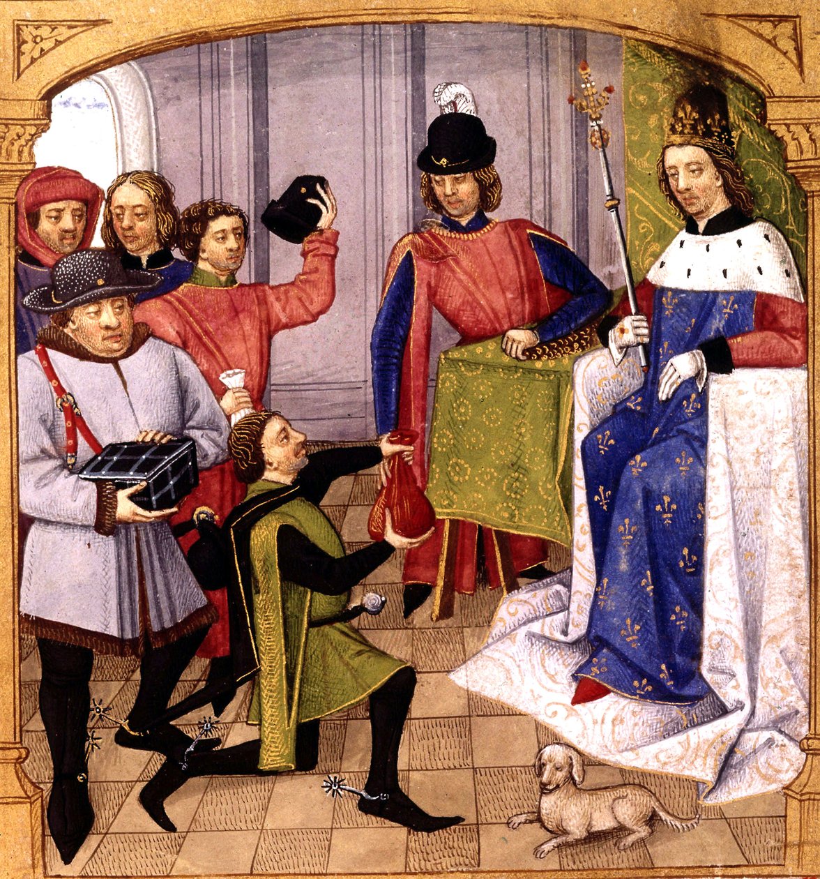 Parente francês Philip V (1293-1322) recebendo imposto, iluminação por Robinet Testard de "Grandes chroniques de France" 1471 de Robinet Testard