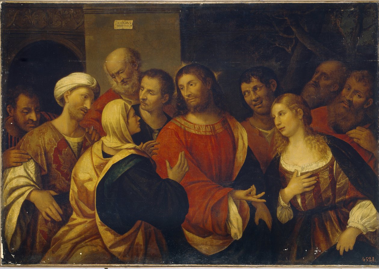 Cristo na Casa de Marta e Maria. (Cristo na casa de Marta e Maria). As irmãs Marthe e Marie de Bethânia dão as boas-vindas a Jesus e seus discípulos. Pintura de Rocco Marconi (cerca de 1490-1529), óleo sobre tela. Arte italiana (Veneza) de Rocco Marconi