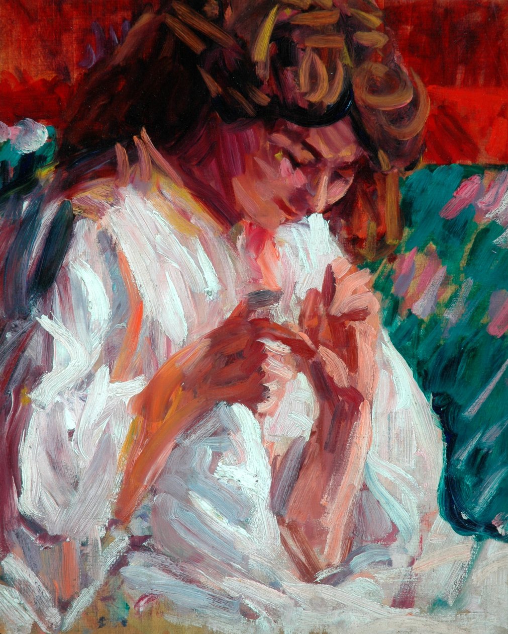 Girl Mending, 1901 (óleo no painel contraplacado) de Roderic O Conor
