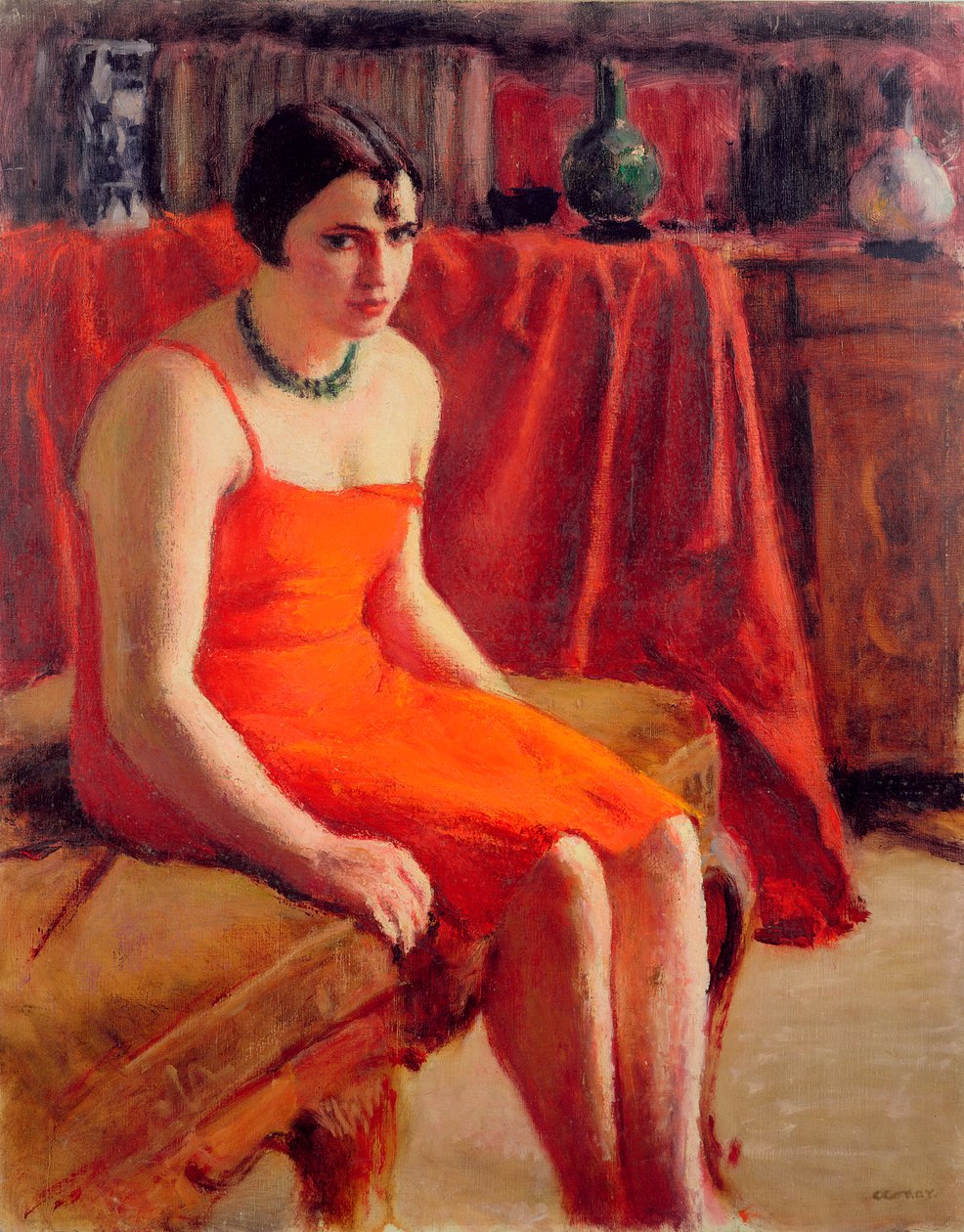 Mulher sentada em um vestido vermelho, 1929 de Roderic O Conor