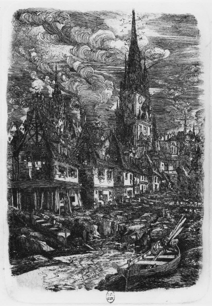 Porto de pesca com campanário pontiagudo, 1860 de Rodolphe Bresdin