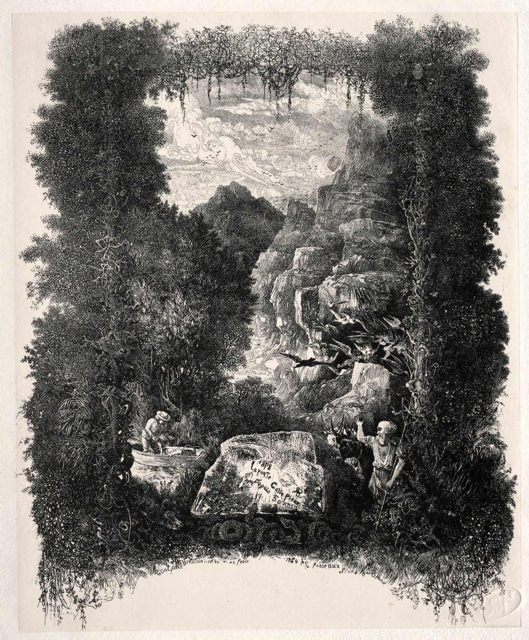 Primeiro frontispício de fábulas e contos de fadas de Thierry-Faletans, 1868. de Rodolphe Bresdin
