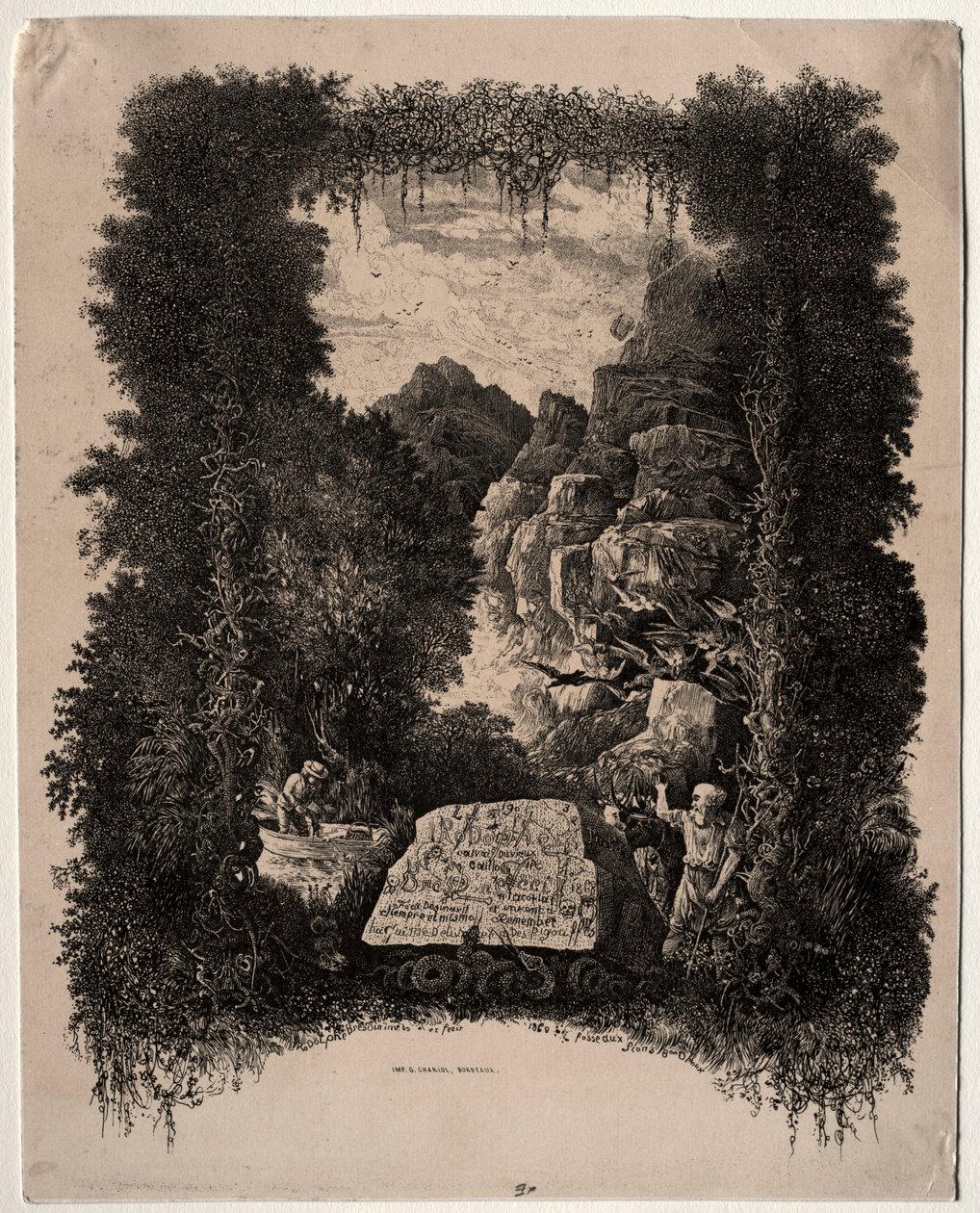 Primeiro frontispício de fábulas e contos de fadas de Thierry-Faletans, 1868. de Rodolphe Bresdin