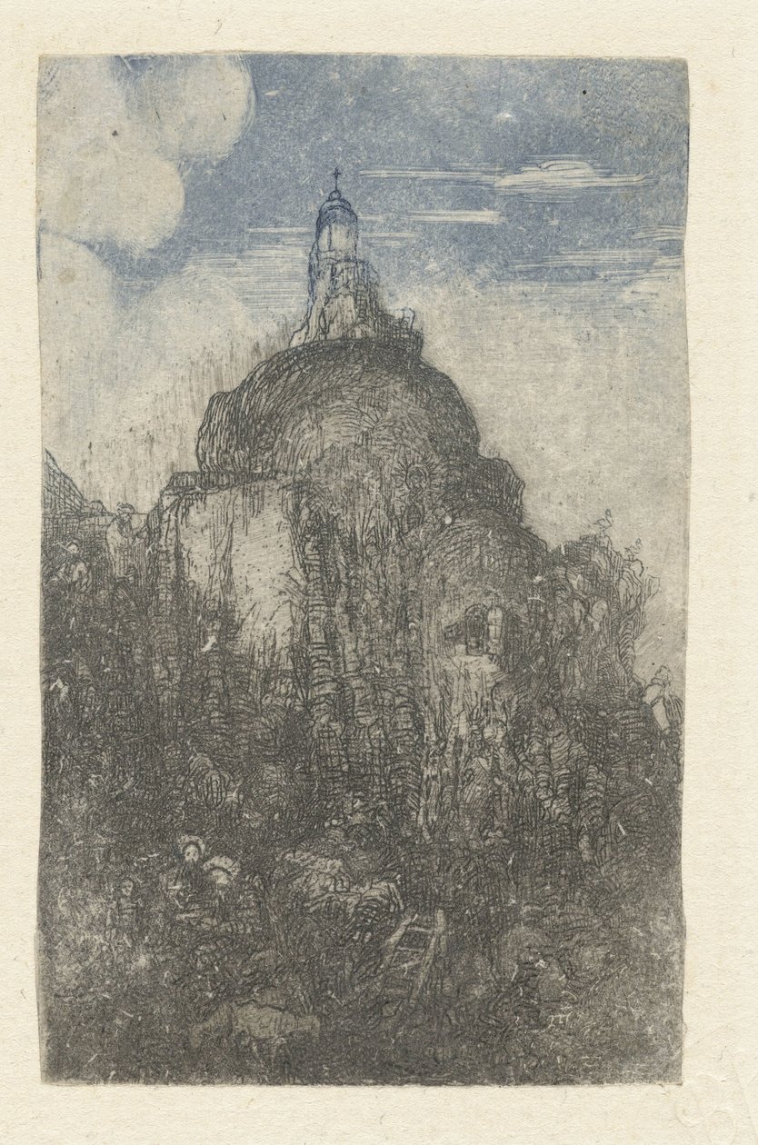 Construção sobre uma rocha e pastores em repouso com ovelhas ao pé da rocha
Le Phare
Chapelle alpestre de Rodolphe Bresdin