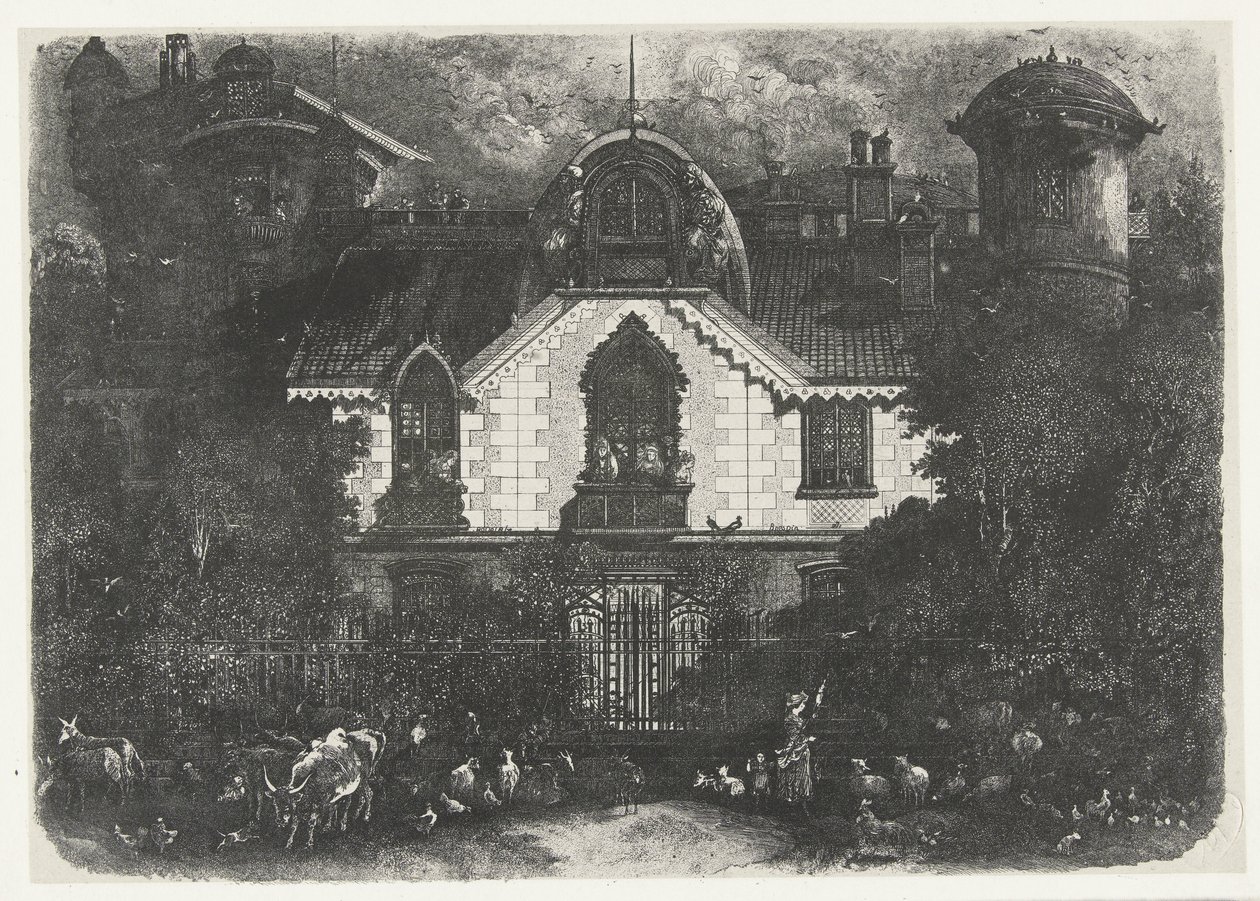 Casa com torre atrás de uma cerca e pastora com gado A Maison Encantada de Rodolphe Bresdin