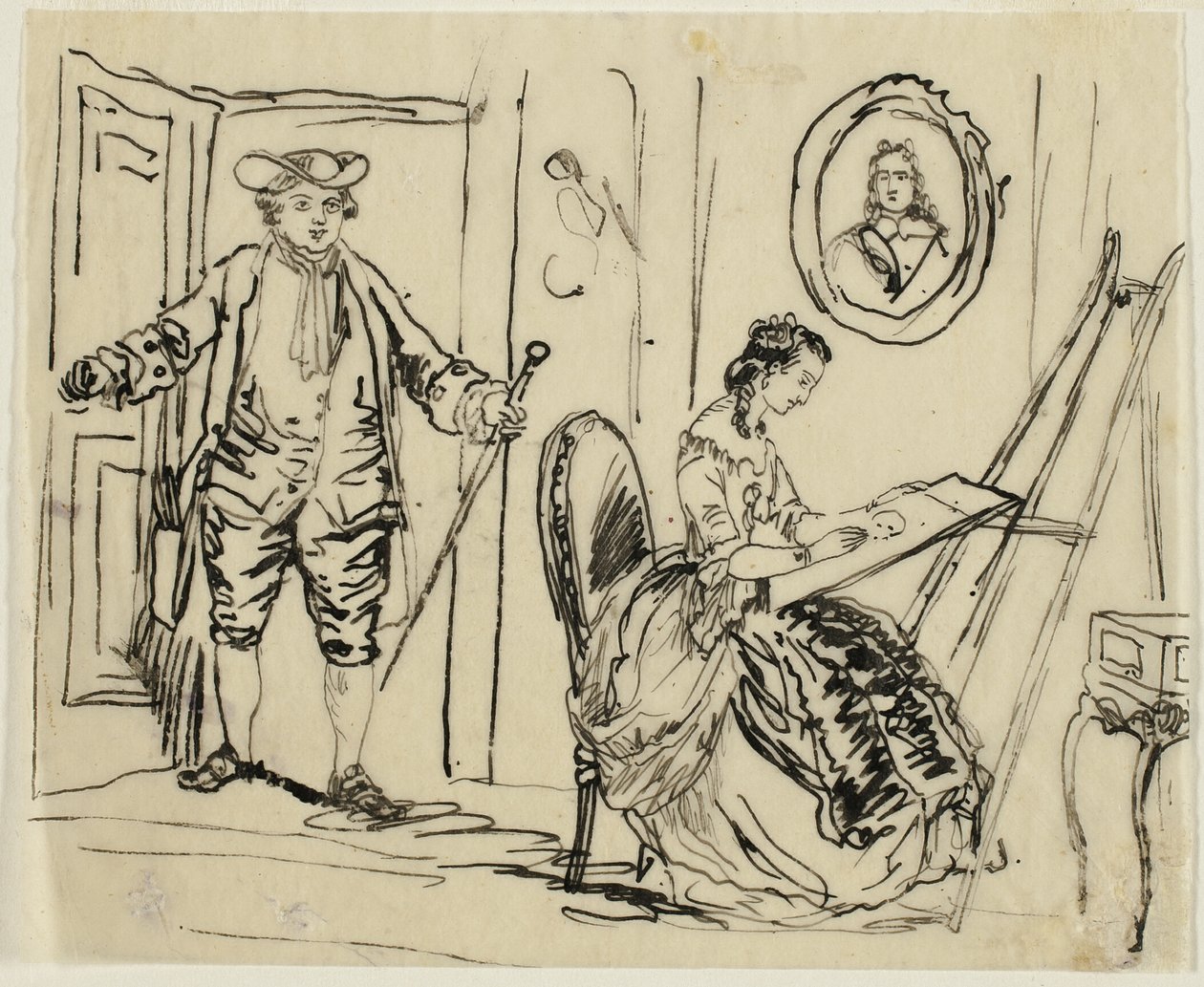 Interior com homem e mulher em trajes do século XVIII de Rodolphe Bresdin