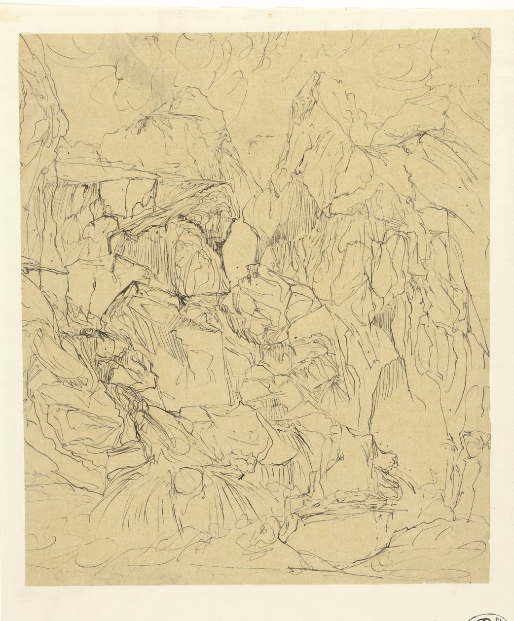 Paisagem rochosa nua, em primeiro plano uma cachoeira à esquerda de Rodolphe Bresdin