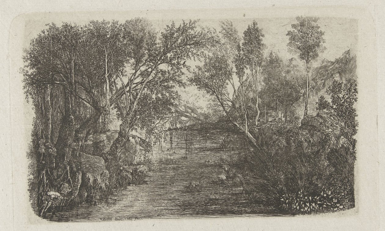 Paisagem com riacho e árvores nas margens Le Cours d