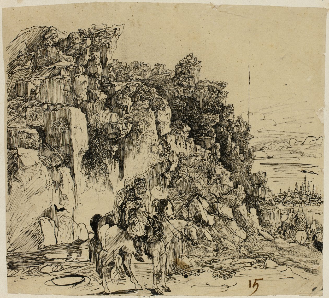 Paisagem montanhosa com cavaleiros de Rodolphe Bresdin