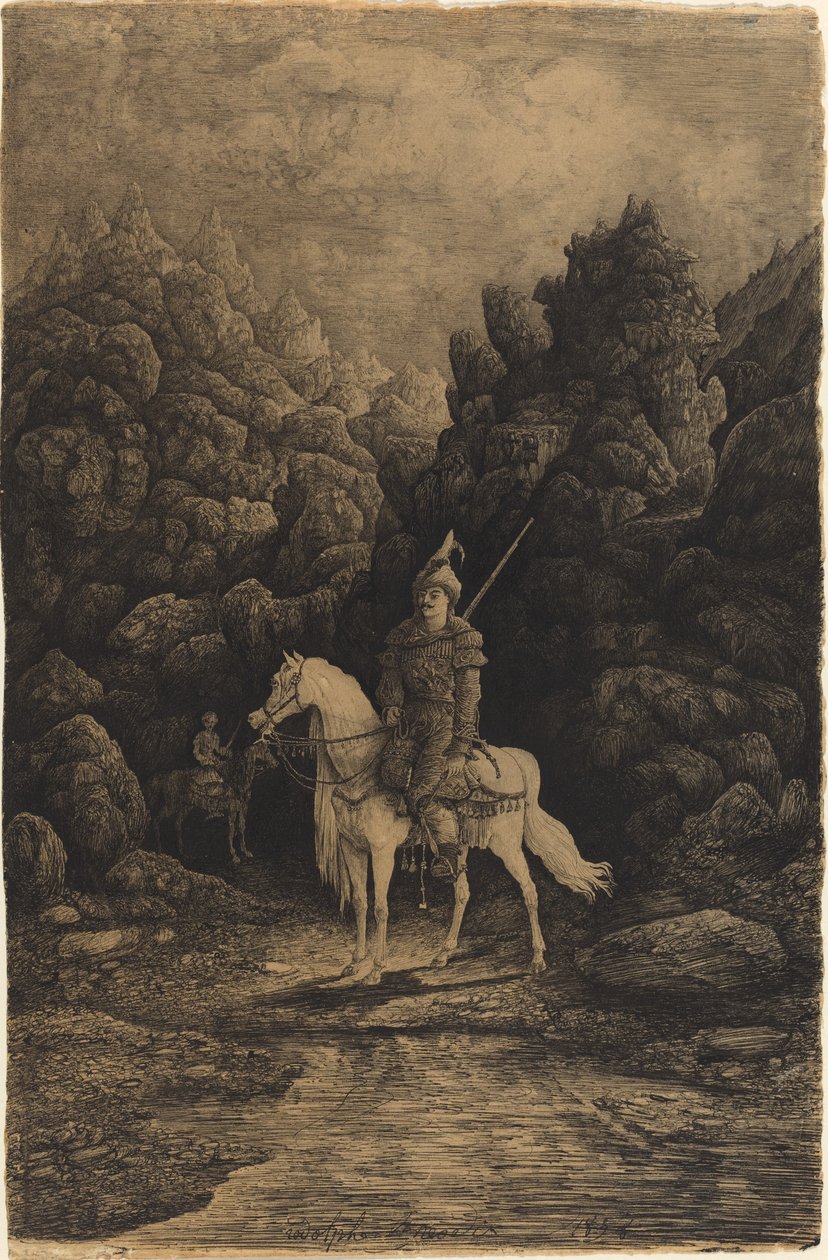 Cavaleiro Oriental em uma paisagem montanhosa desolada de Rodolphe Bresdin