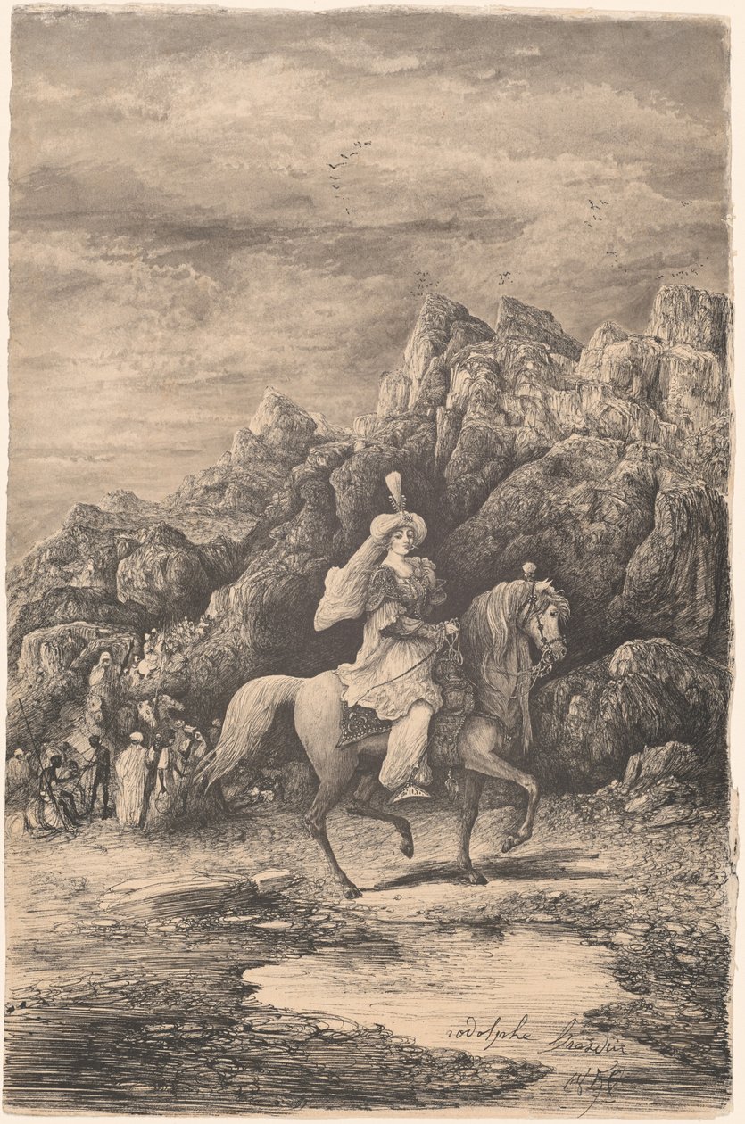 Cavaleiro Oriental em uma paisagem montanhosa desolada de Rodolphe Bresdin