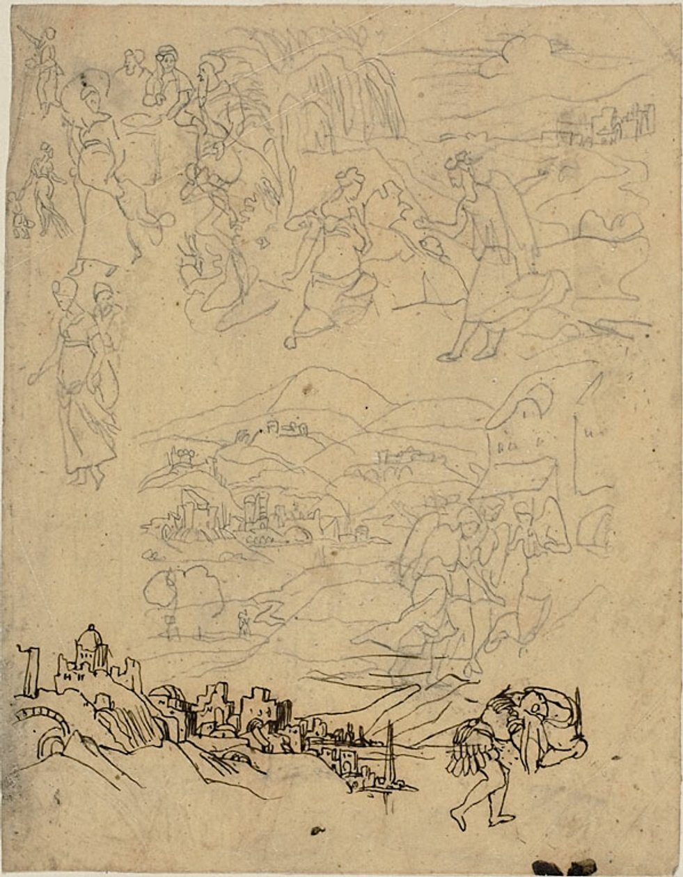 Esboços de cenas bíblicas, cidade junto ao lago, aldeia de montanha, guerreiro de Rodolphe Bresdin