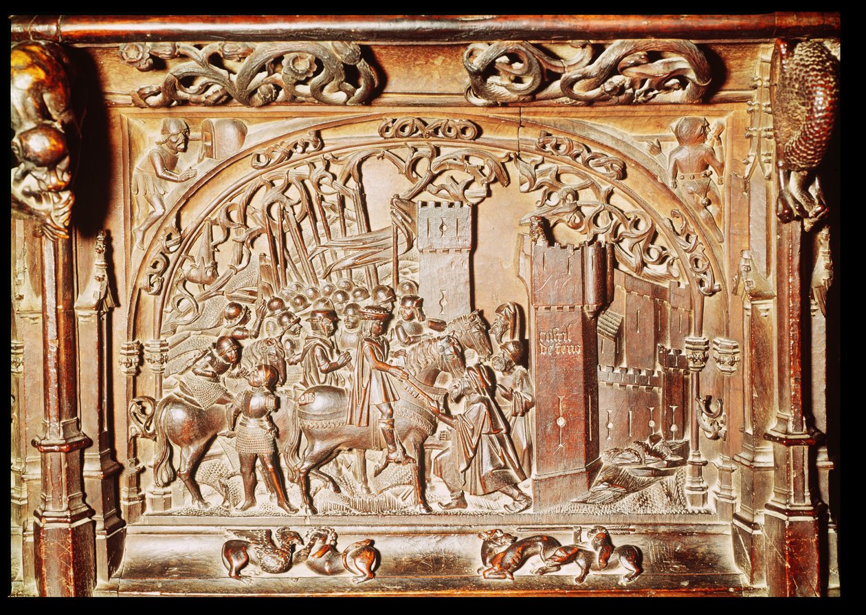 Cena do nível mais baixo de coro mostrando a Conquista de Granada, 1495 (madeira entalhada) de Rodrigo Aleman