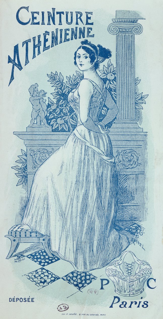 Anúncio para o &39;Ceinture Athenienne&39;, um dos primeiros modelos de sutiã, c.1895 de Roedel