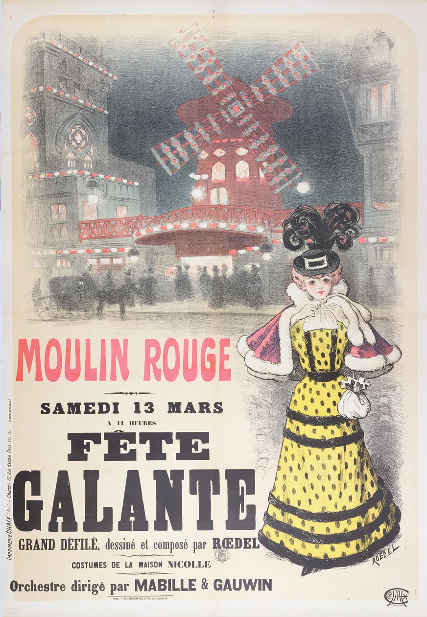 Cartaz publicitário &39;Fete Galante&39; no Moulin Rouge, Montmartre, Paris. final do século 19 de Roedel