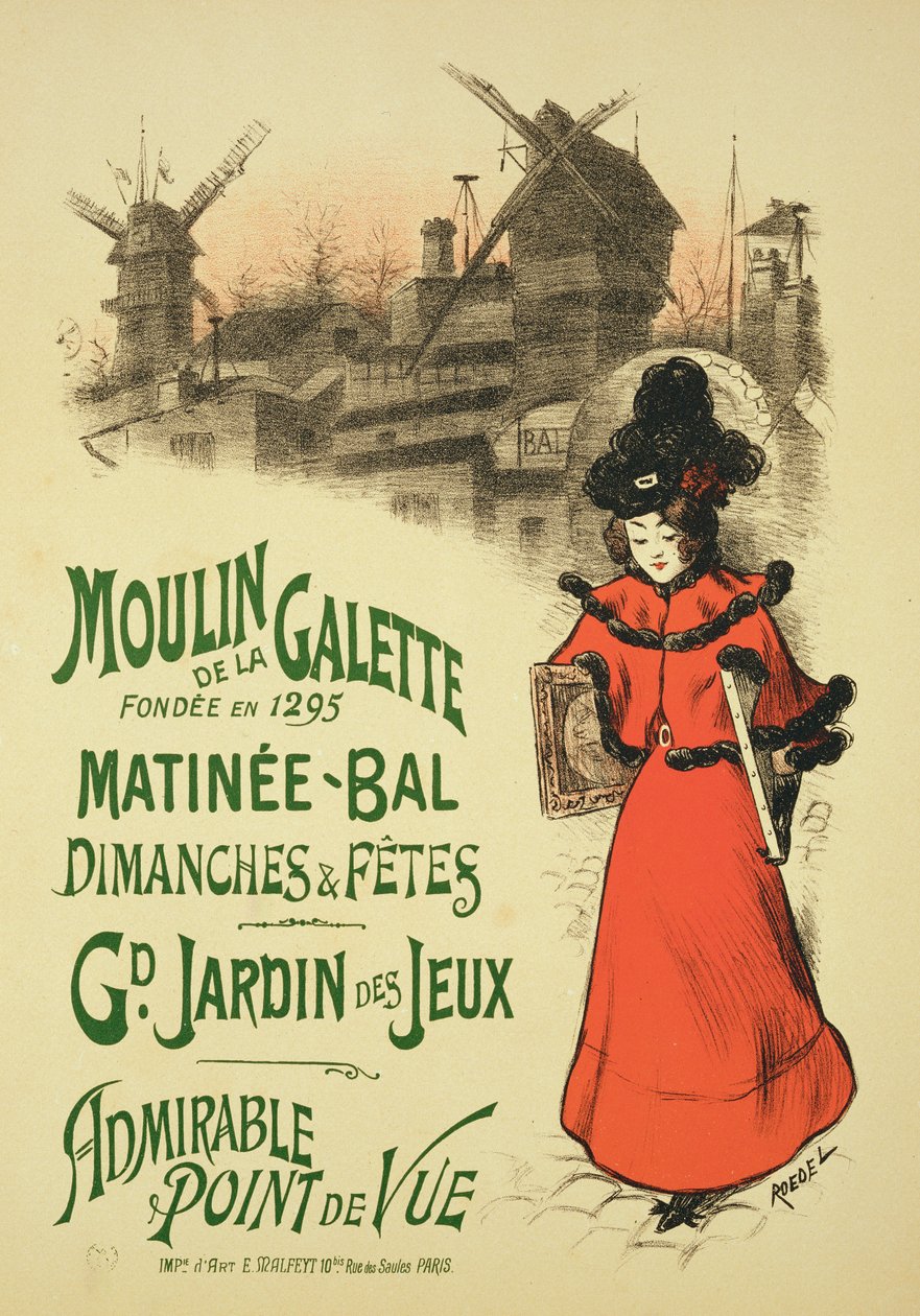 Reprodução de um cartaz publicitário da bola de matiné do «Moulin de la Galette», 1896 (ver 124022) de Roedel