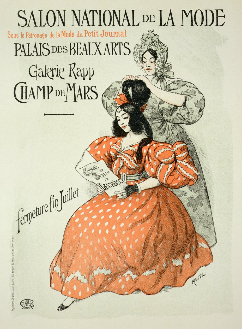 Reprodução de um cartaz publicitário do &39;Salão Nacional da Moda&39;, Rapp Gallery, Paris, 1896 de Roedel