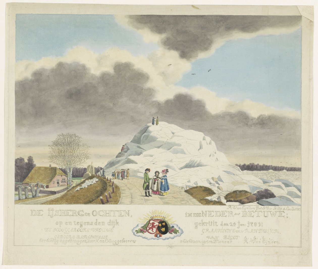 Sorvete em Ochten, 1789 O Iceberg em Ochten no Baixo Betuwe; em e contra o dique pulverizado em 24 de janeiro. 1789 (título no objeto) de Roeland van Eynden