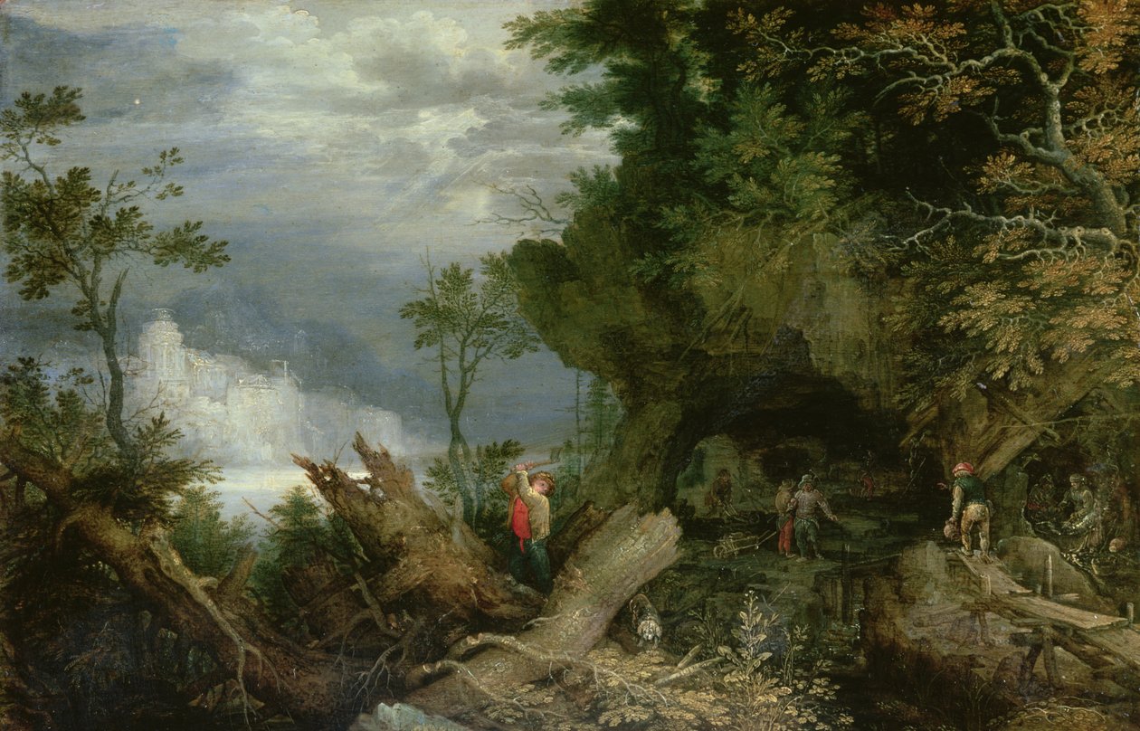 Uma paisagem rochosa com a entrada de uma mina de Roelandt Jacobsz. Savery