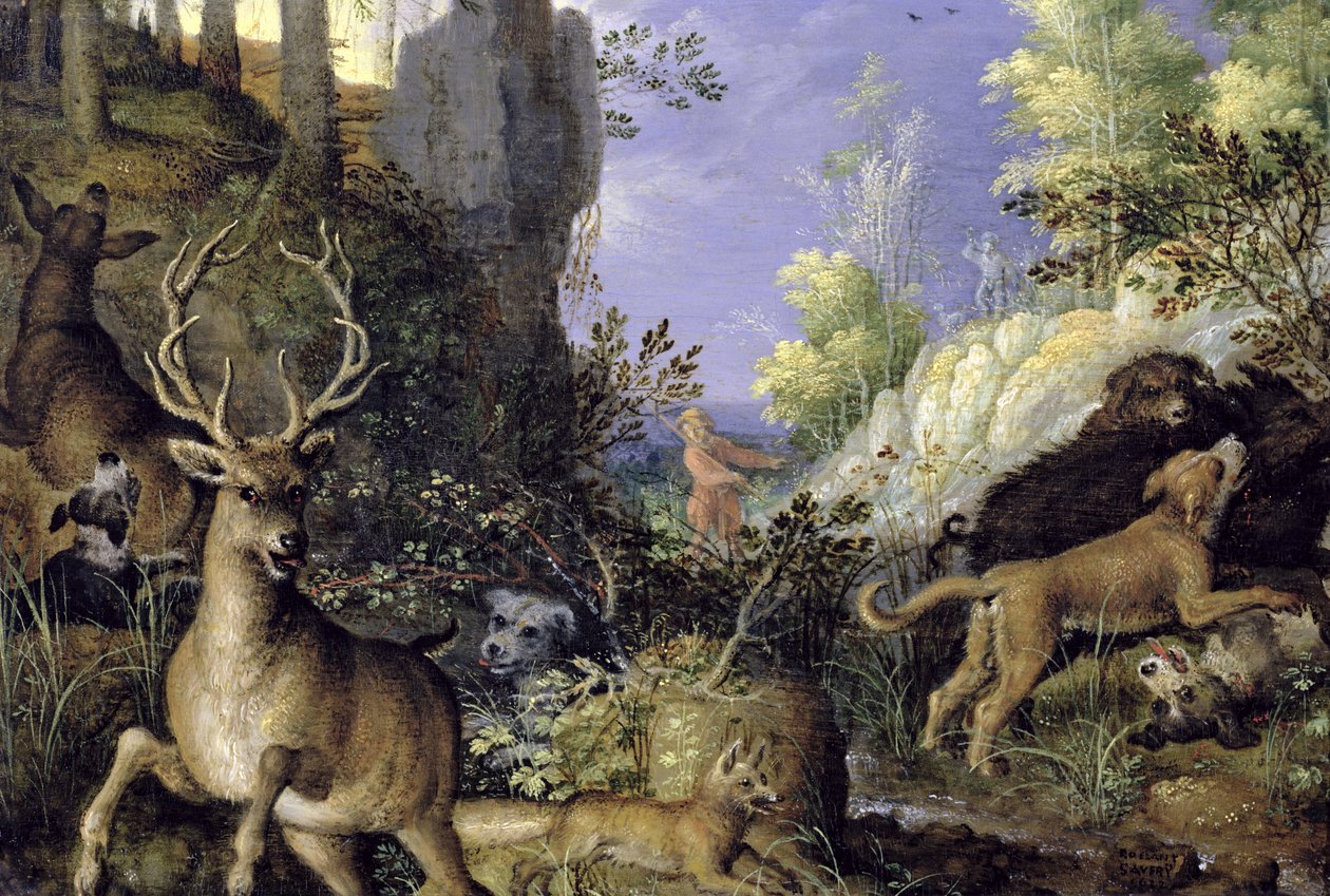 Uma cena da floresta com caçadores e animais de Roelandt Jacobsz. Savery
