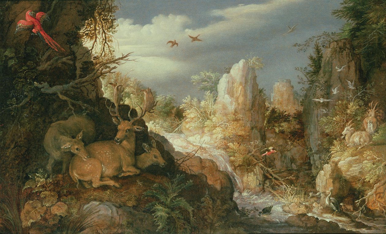 Paisagem de montanha com veados de Roelandt Jacobsz. Savery