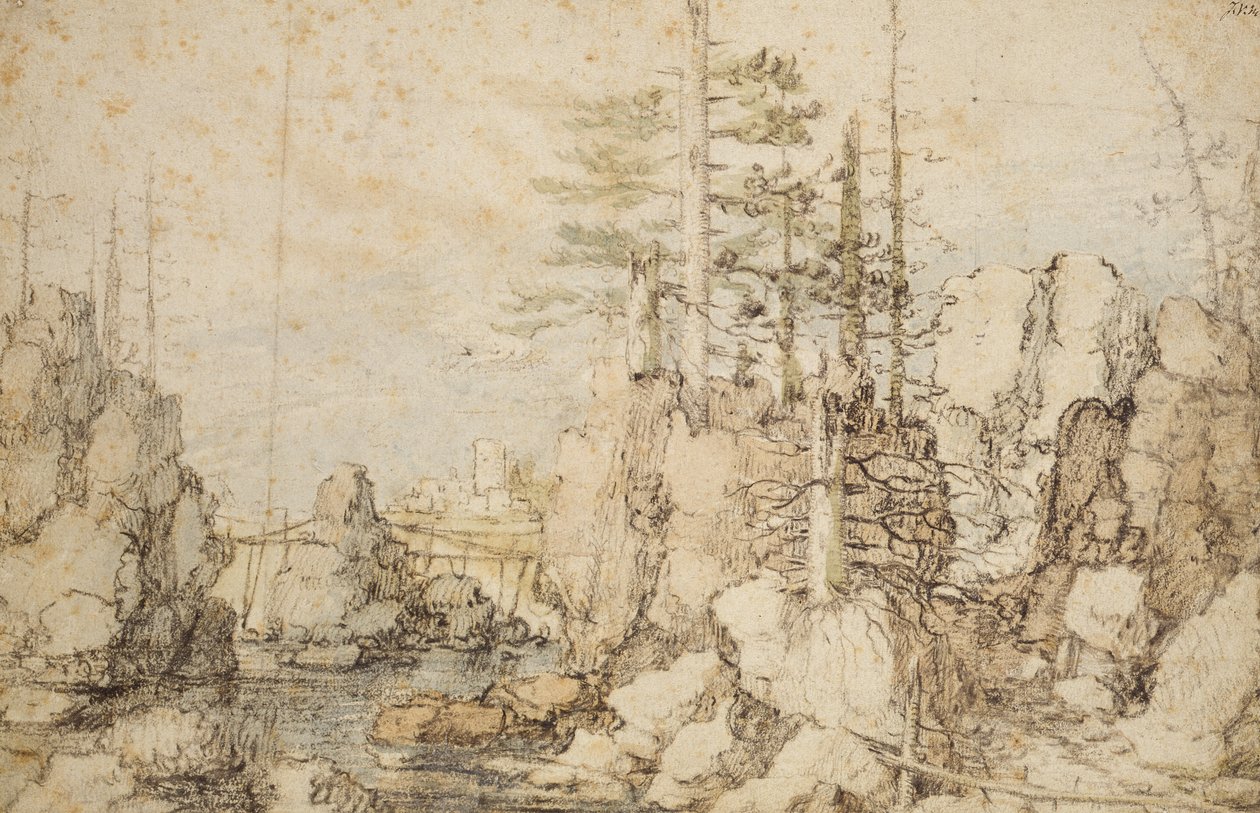 Paisagem arborizada e rochosa, c.1606-07 (giz preto e colorido e wc no papel) de Roelandt Jacobsz. Savery