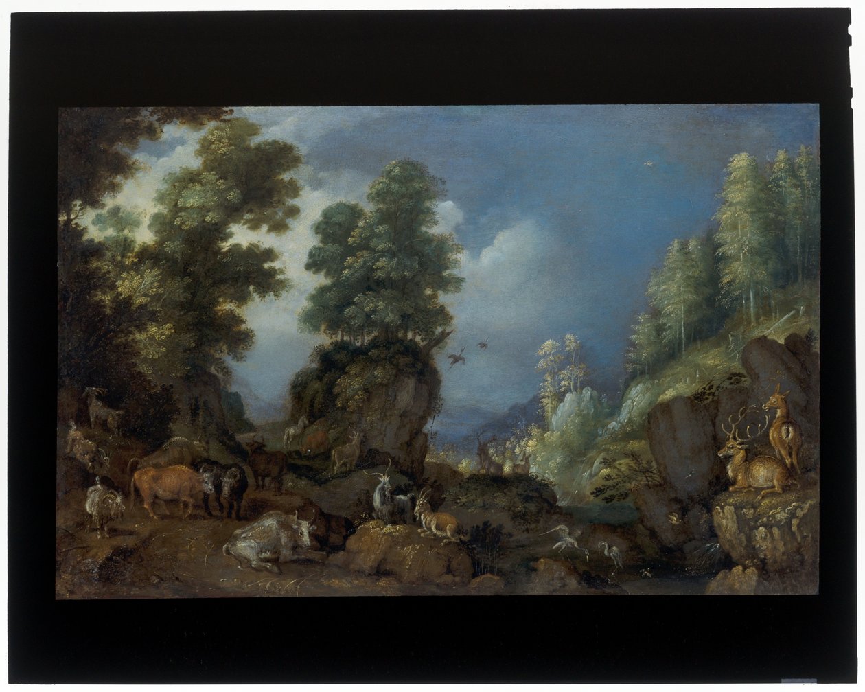 Uma paisagem rochosa com animais de Roelandt Jacobsz. Savery